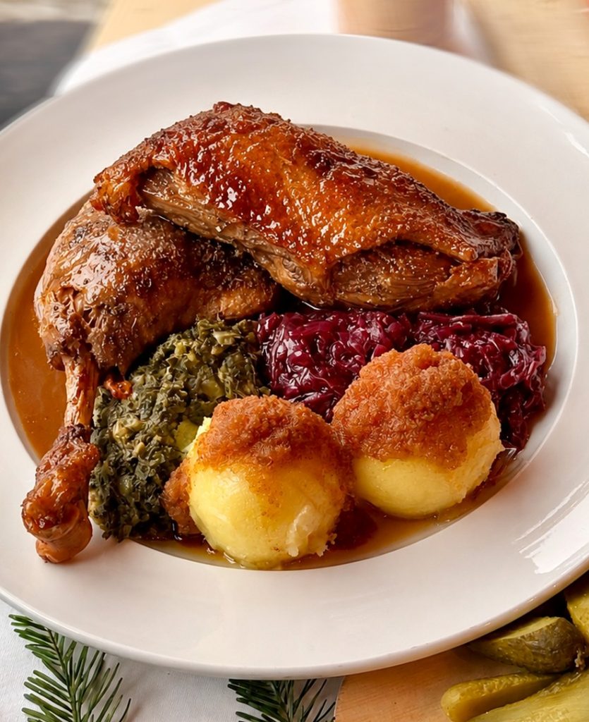 weißer Teller mit einer Entenkeule, 2 Knödel, Rotkohl und Grünkohl und einer braunen Sauce